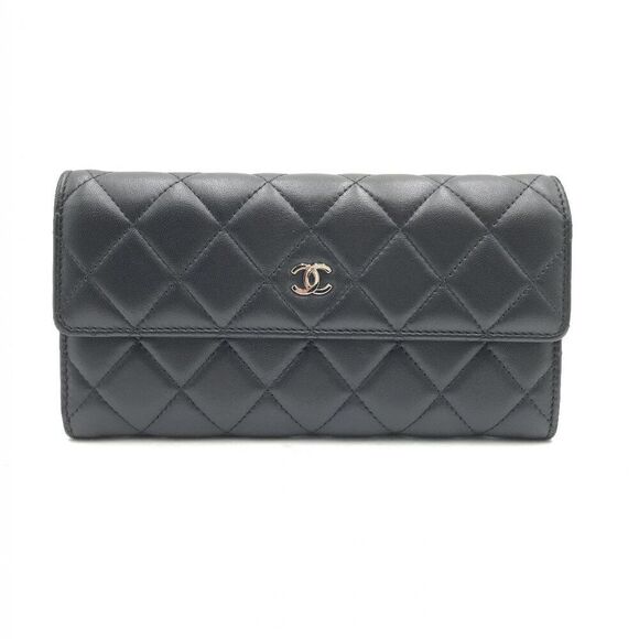 Chanel  Lambskin Quilted Long Flap Wallet Black with Silver Hardware - Picture 1 of 12